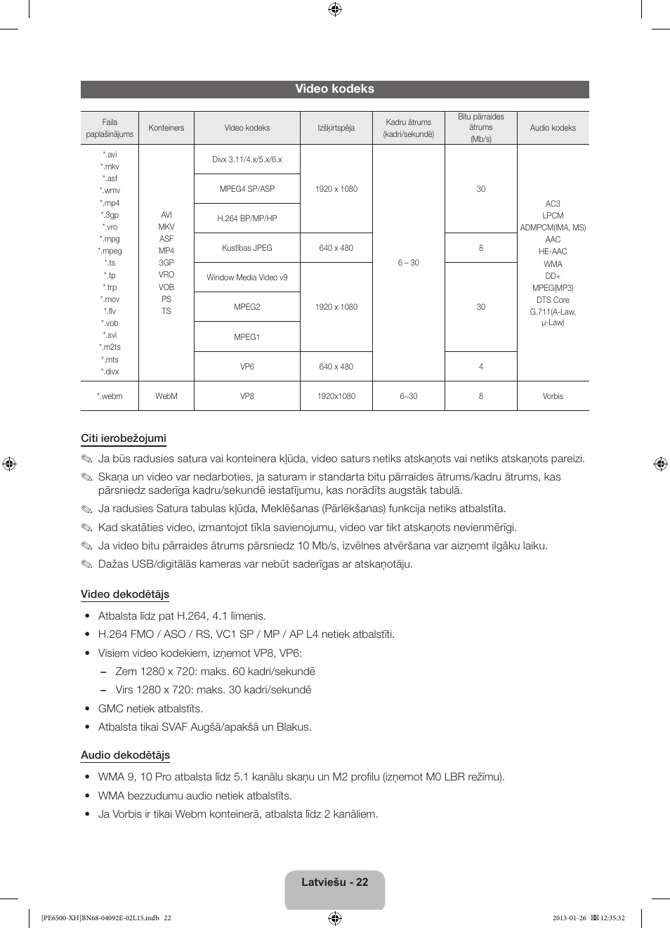 Video kodeks | Samsung PS51E6500ES User Manual | Page 308 / 354