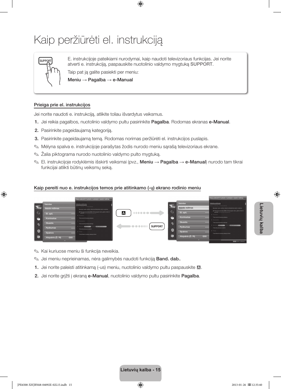 Kaip peržiūrėti el. instrukciją, Lietuvių kalba - 15 lietuvių kalba, Kai kuriuose meniu ši funkcija neveikia | Samsung PS51E6500ES User Manual | Page 323 / 354