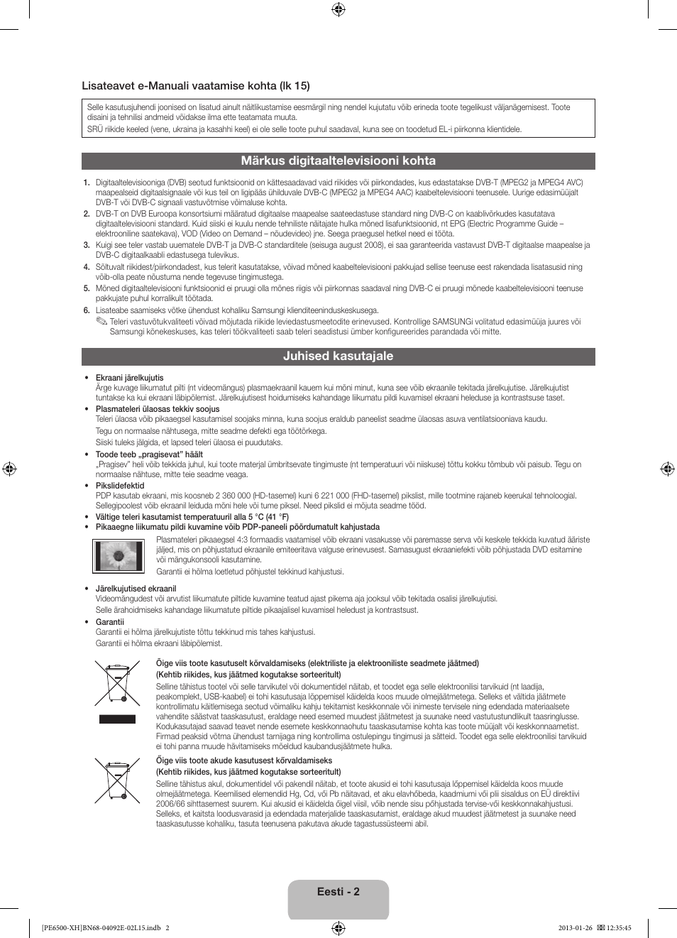 Märkus digitaaltelevisiooni kohta, Juhised kasutajale | Samsung PS51E6500ES User Manual | Page 332 / 354