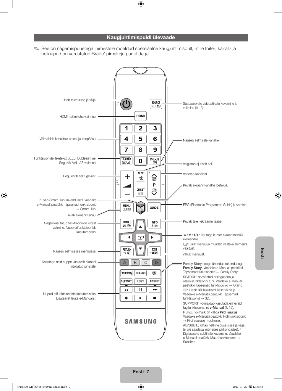 Kaugjuhtimispuldi ülevaade | Samsung PS51E6500ES User Manual | Page 337 / 354