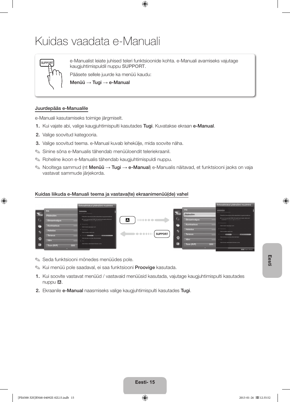 Kuidas vaadata e-manuali, Eesti- 15 eesti, Seda funktsiooni mõnedes menüüdes pole | Samsung PS51E6500ES User Manual | Page 345 / 354