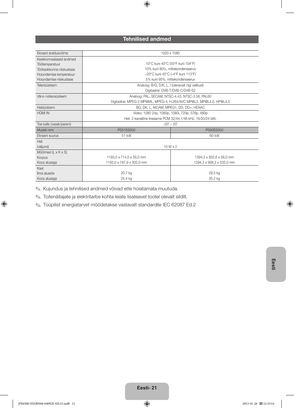 Tehnilised andmed | Samsung PS51E6500ES User Manual | Page 351 / 354
