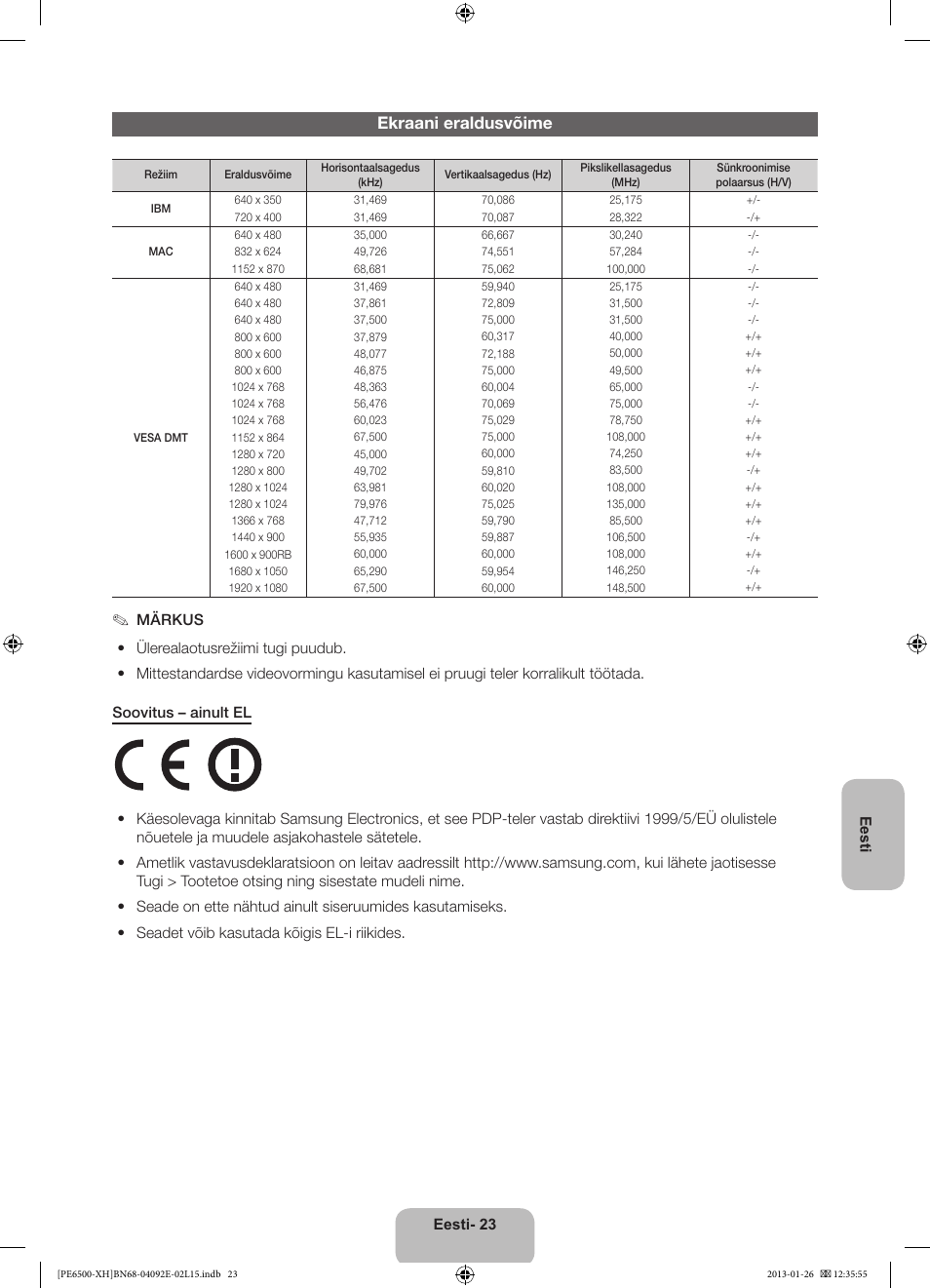 Ekraani eraldusvõime | Samsung PS51E6500ES User Manual | Page 353 / 354