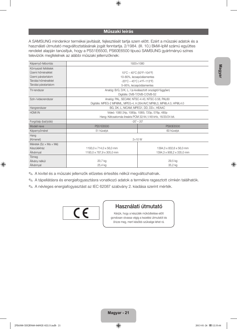 Használati útmutató, Műszaki leírás | Samsung PS51E6500ES User Manual | Page 43 / 354