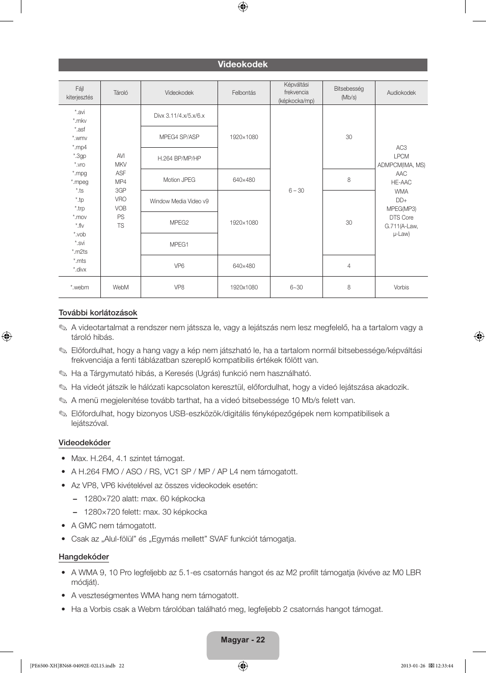 Videokodek | Samsung PS51E6500ES User Manual | Page 44 / 354