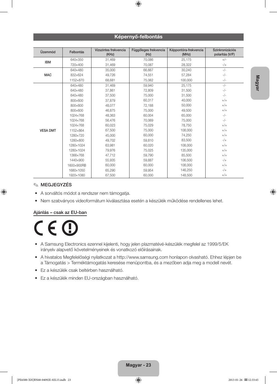 Képernyő-felbontás | Samsung PS51E6500ES User Manual | Page 45 / 354