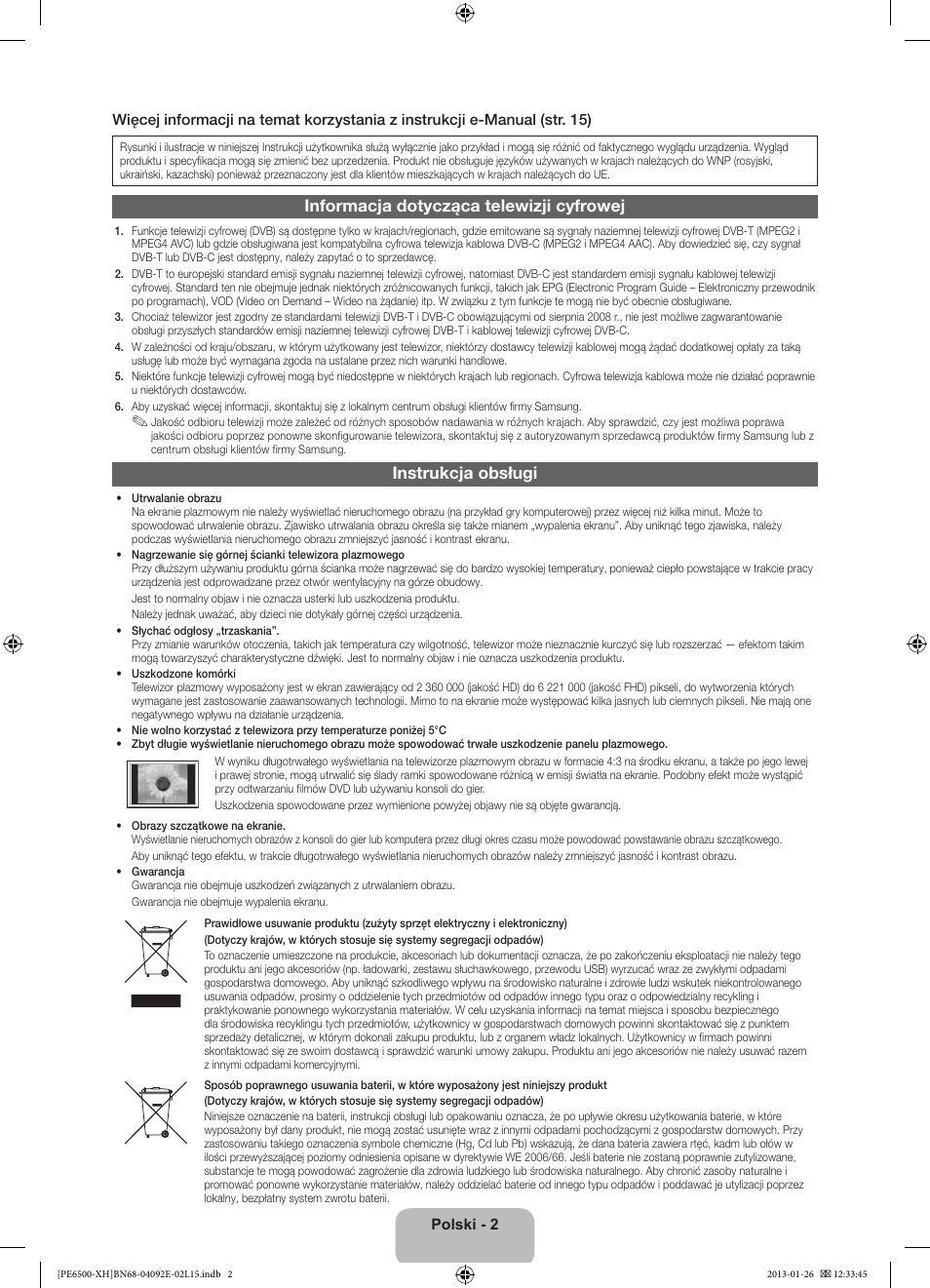 Informacja dotycząca telewizji cyfrowej, Instrukcja obsługi | Samsung PS51E6500ES User Manual | Page 46 / 354