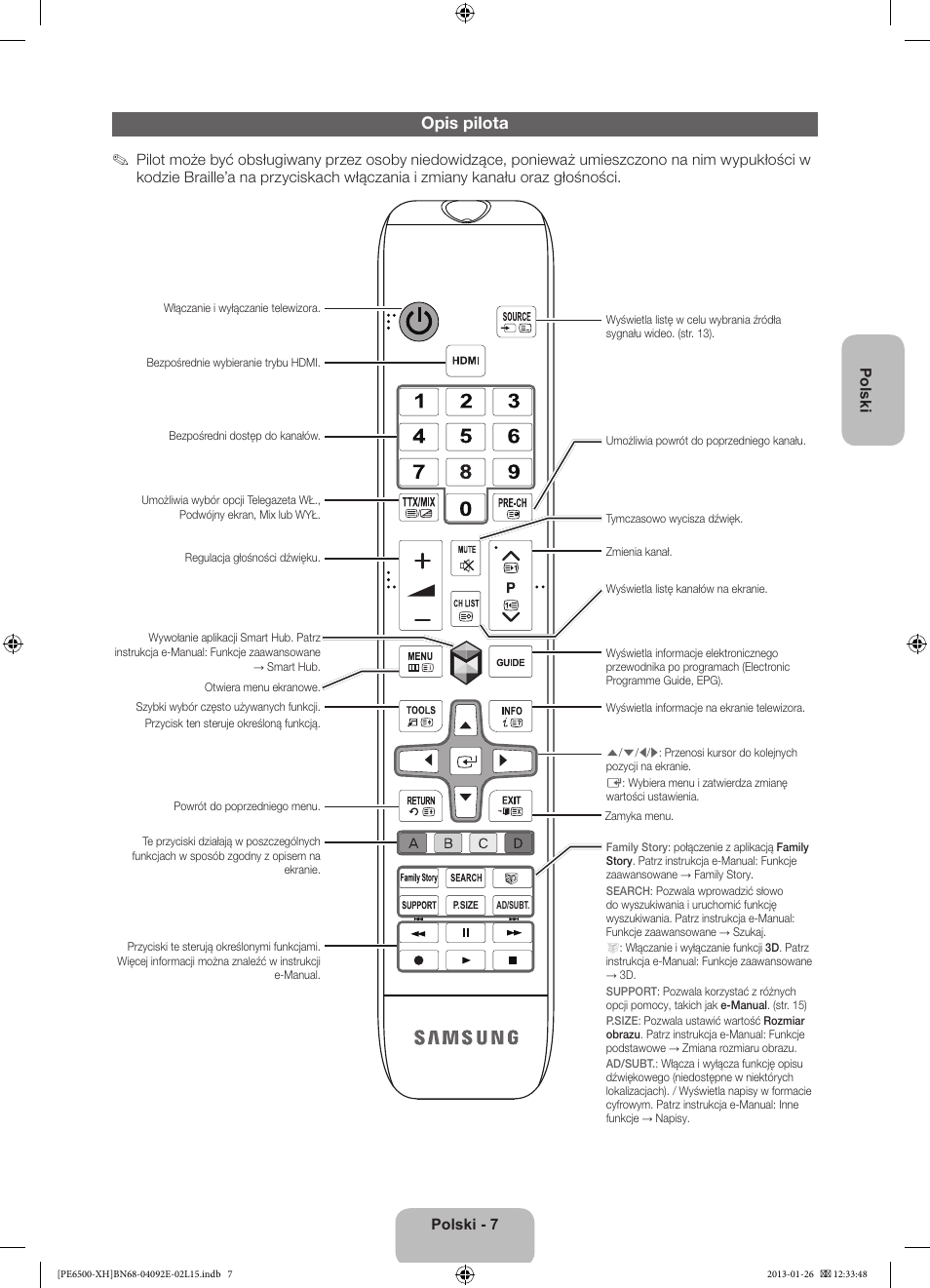 Opis pilota | Samsung PS51E6500ES User Manual | Page 51 / 354
