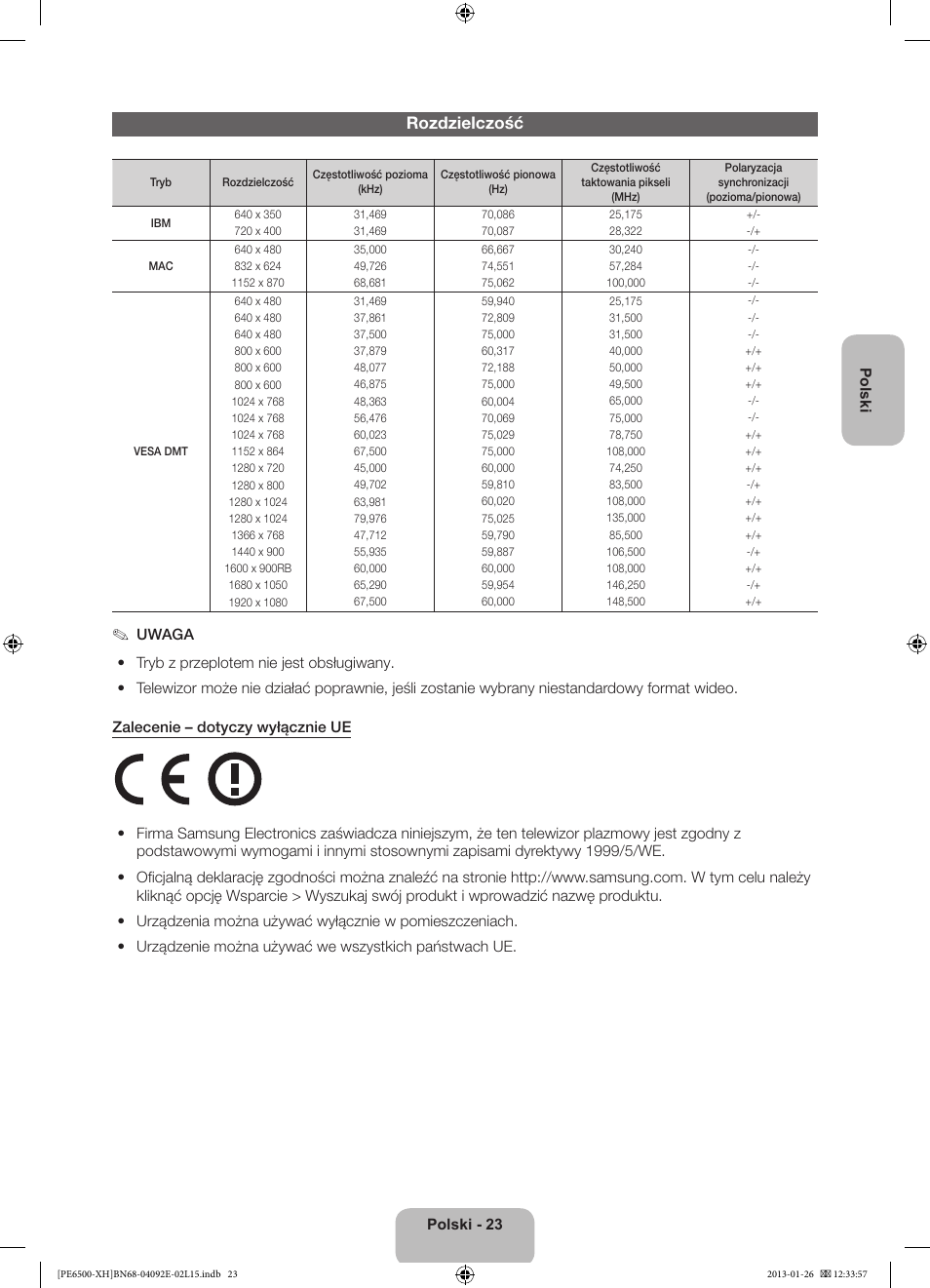 Rozdzielczość | Samsung PS51E6500ES User Manual | Page 67 / 354