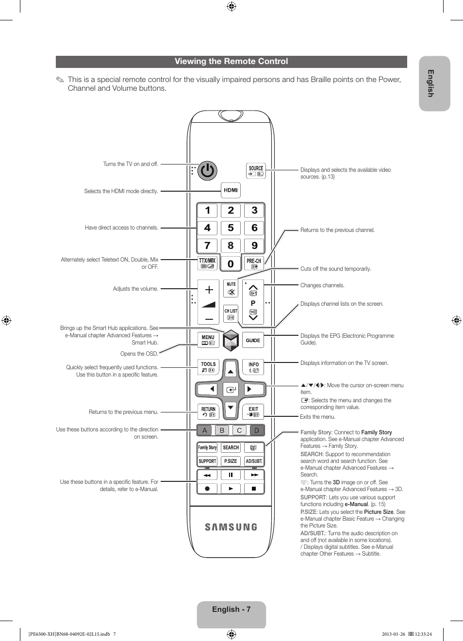 Viewing the remote control | Samsung PS51E6500ES User Manual | Page 7 / 354