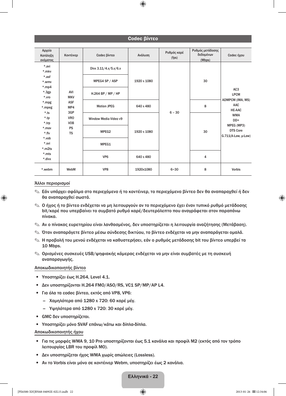 Codec βίντεο | Samsung PS51E6500ES User Manual | Page 88 / 354