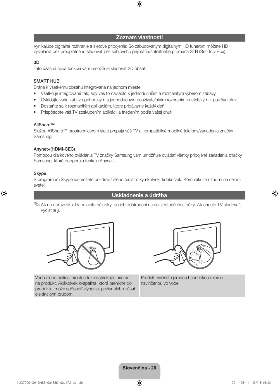 Zoznam vlastností, Uskladnenie a údržba | Samsung UE46D7000LS User Manual | Page 162 / 344