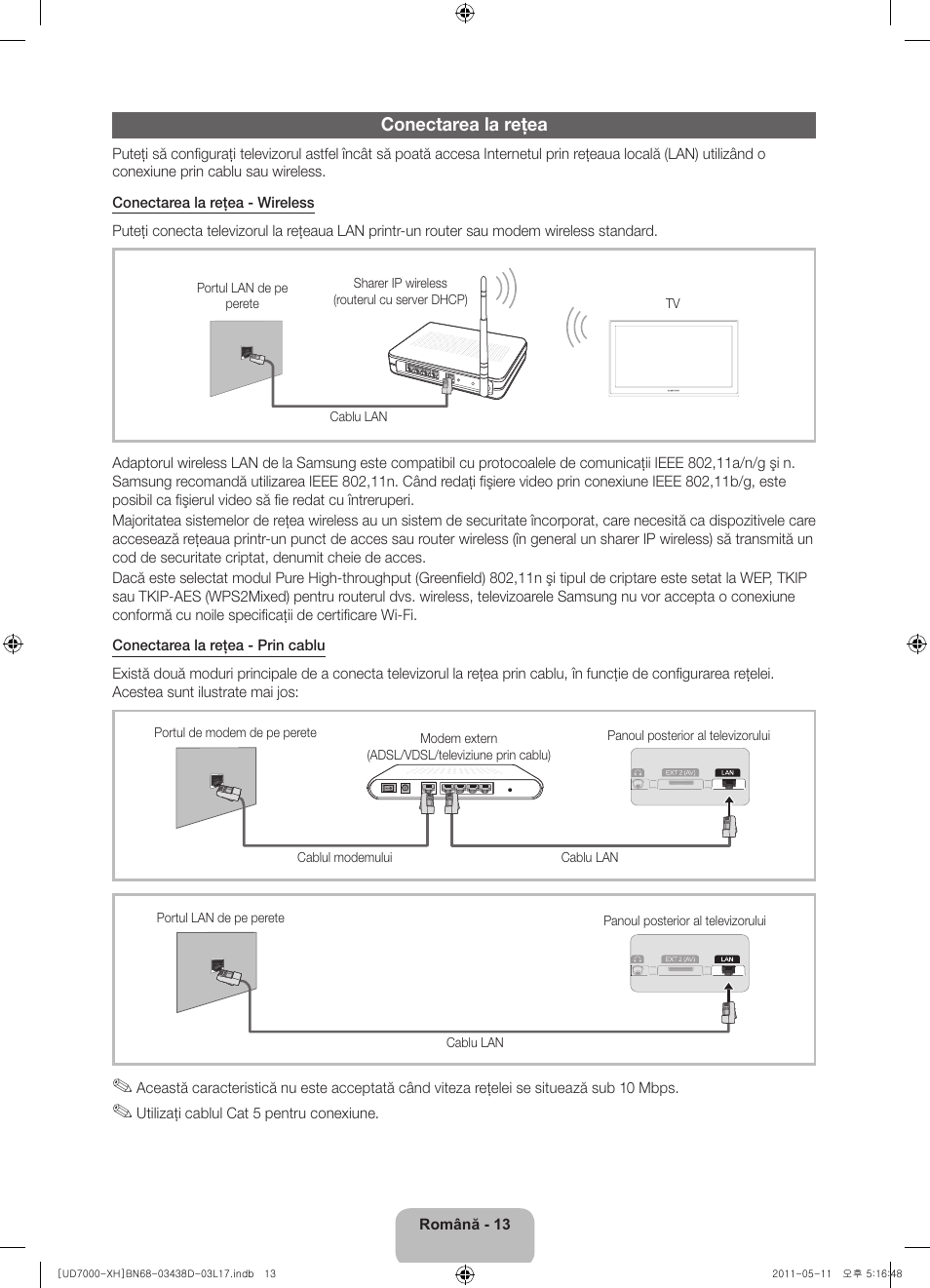 Conectarea la reţea | Samsung UE46D7000LS User Manual | Page 175 / 344