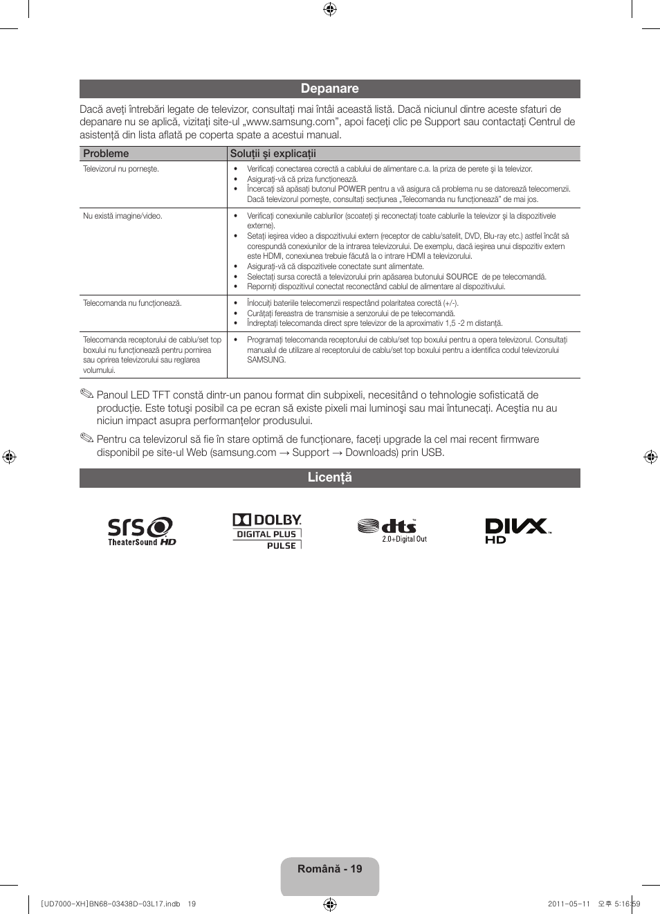 Depanare, Licenţă | Samsung UE46D7000LS User Manual | Page 181 / 344