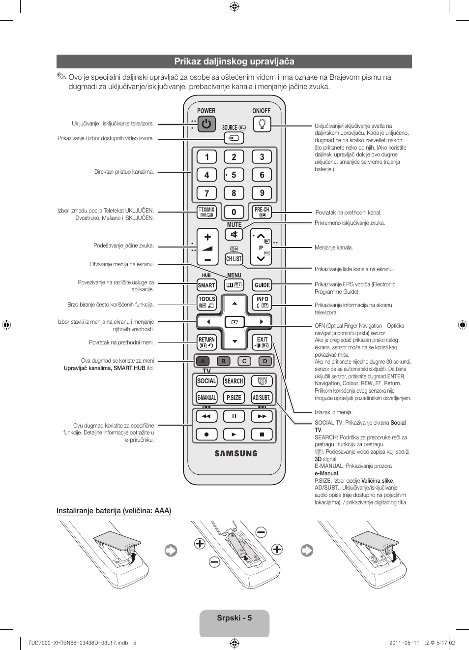 Prikaz daljinskog upravljača | Samsung UE46D7000LS User Manual | Page 187 / 344