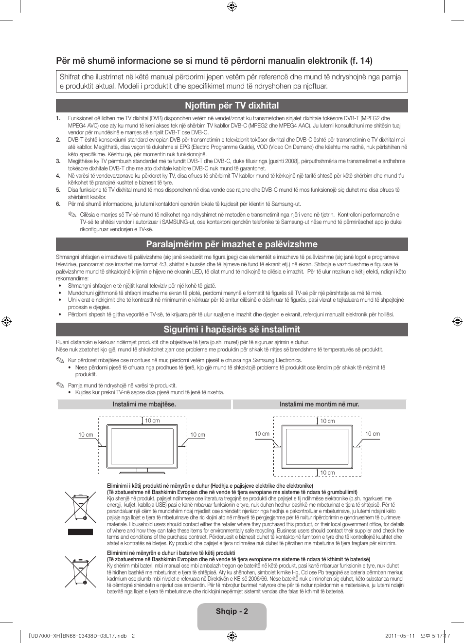 Njoftim për tv dixhital, Paralajmërim për imazhet e palëvizshme, Sigurimi i hapësirës së instalimit | Samsung UE46D7000LS User Manual | Page 204 / 344
