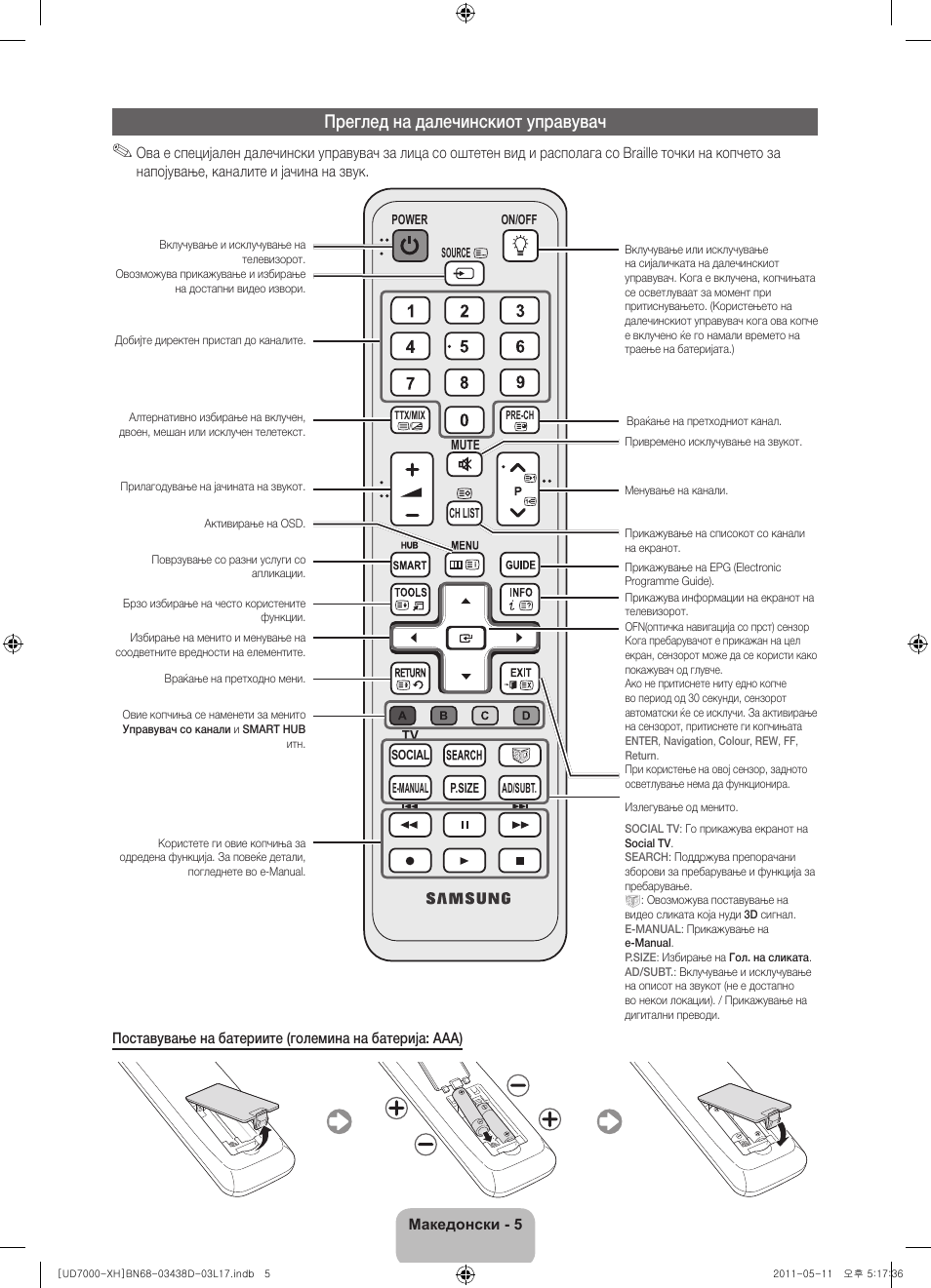 Преглед на далечинскиот управувач | Samsung UE46D7000LS User Manual | Page 227 / 344