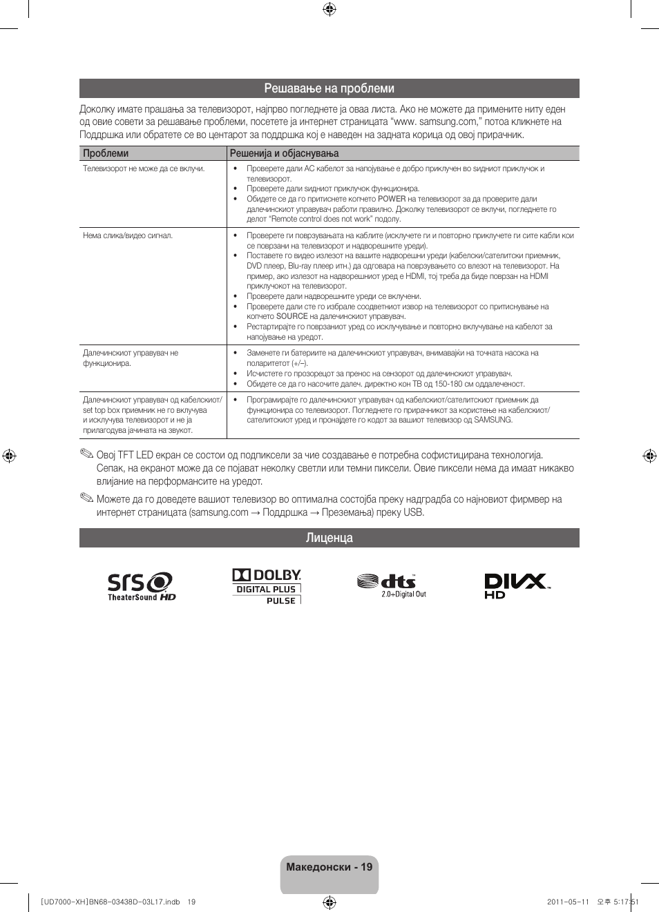 Решавање на проблеми, Лиценца | Samsung UE46D7000LS User Manual | Page 241 / 344