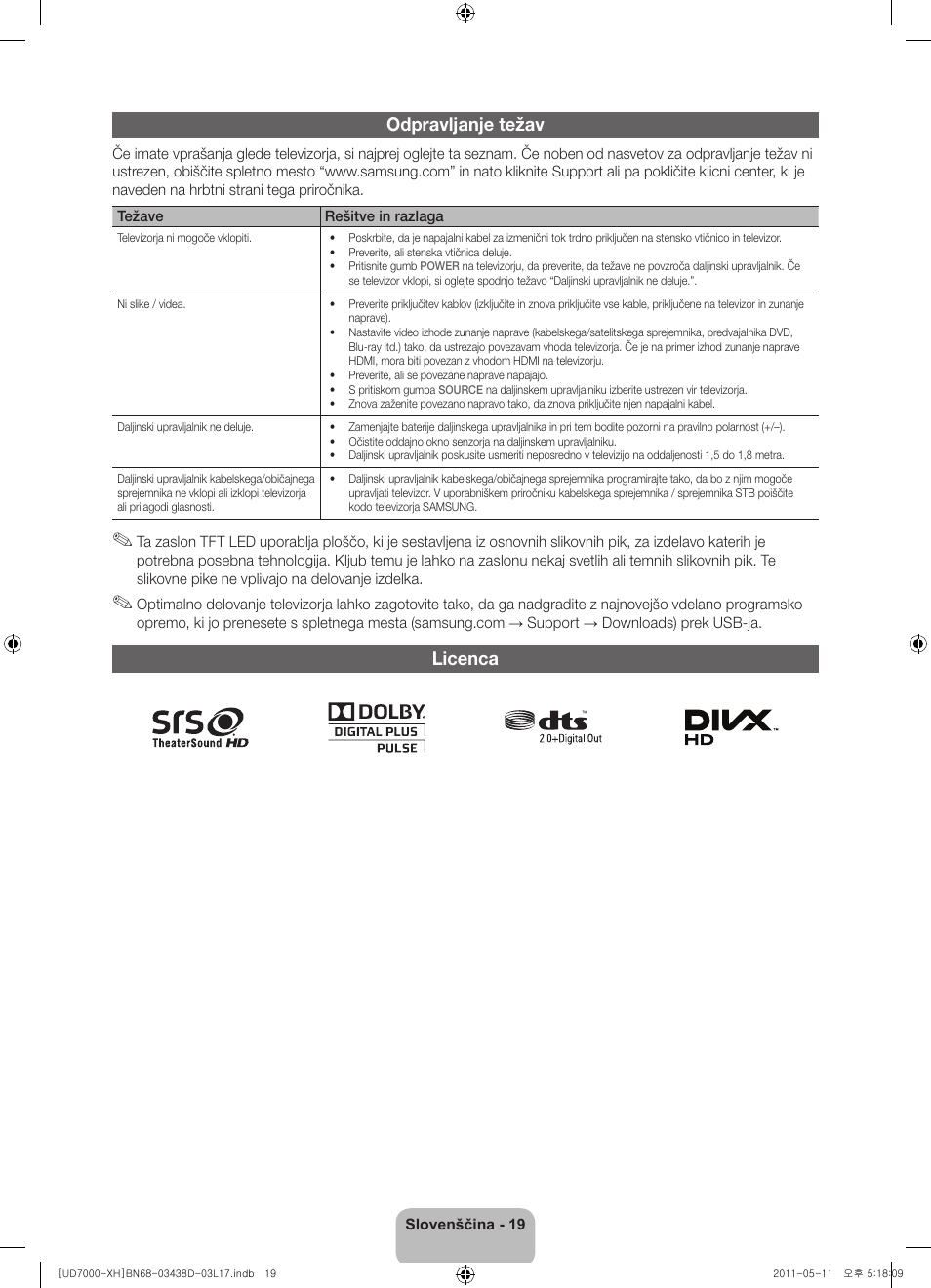 Odpravljanje težav, Licenca | Samsung UE46D7000LS User Manual | Page 261 / 344