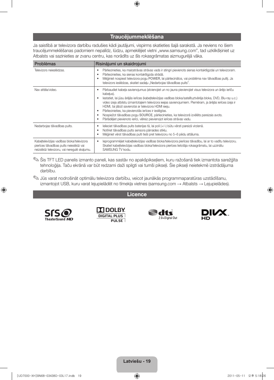 Traucējummeklēšana, Licence | Samsung UE46D7000LS User Manual | Page 281 / 344