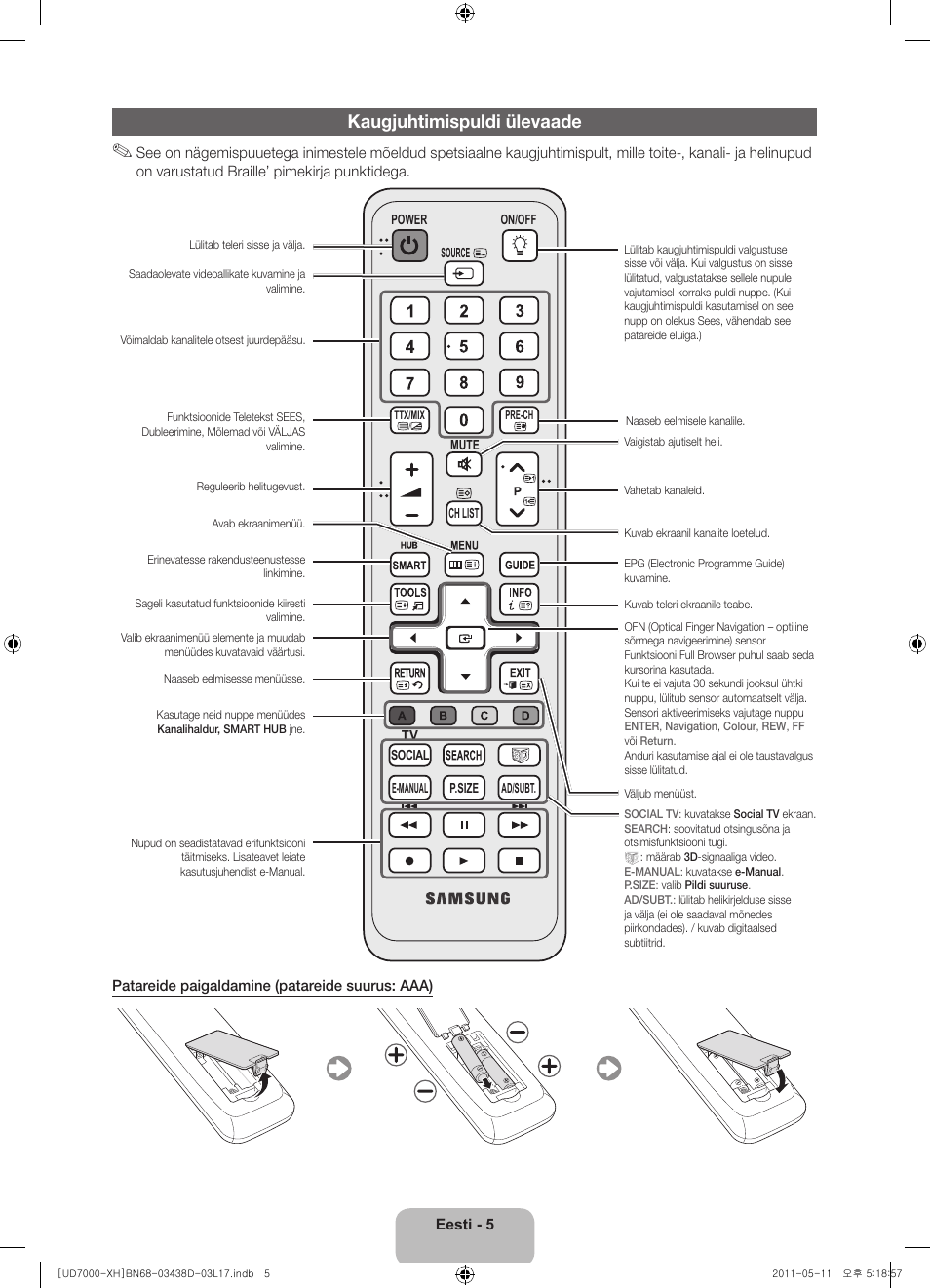 Kaugjuhtimispuldi ülevaade | Samsung UE46D7000LS User Manual | Page 307 / 344