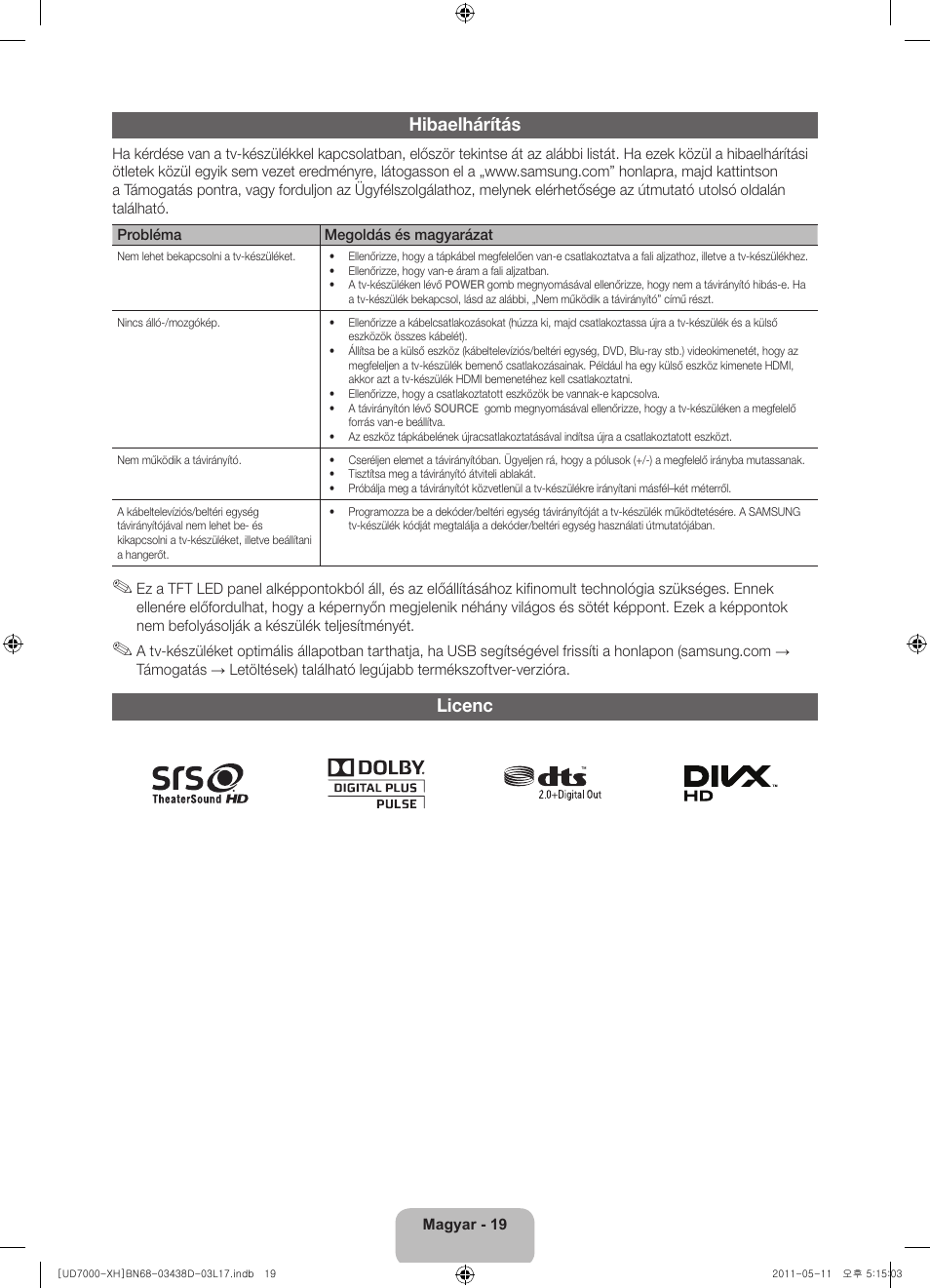 Hibaelhárítás, Licenc | Samsung UE46D7000LS User Manual | Page 39 / 344