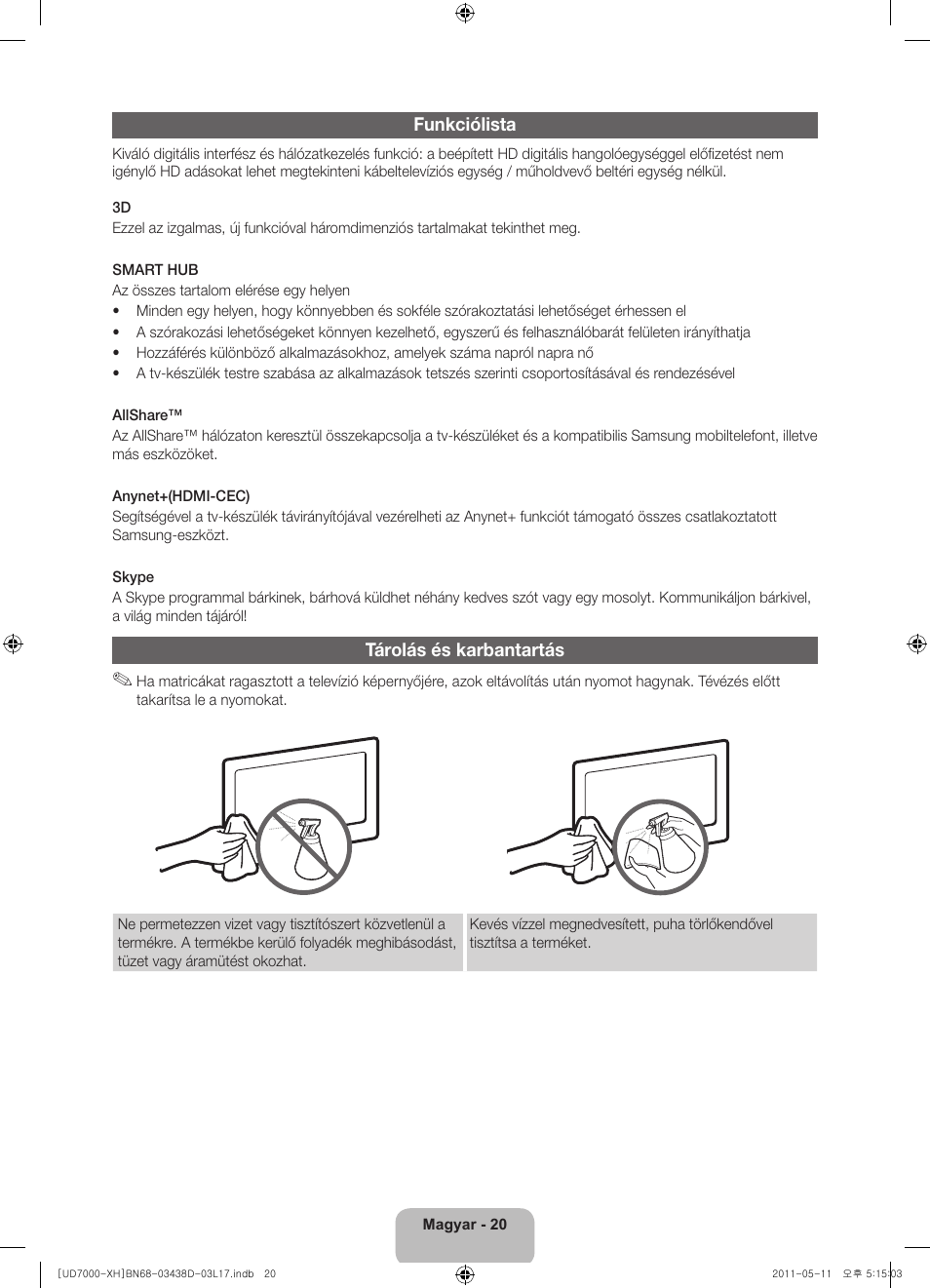 Funkciólista, Tárolás és karbantartás | Samsung UE46D7000LS User Manual | Page 40 / 344