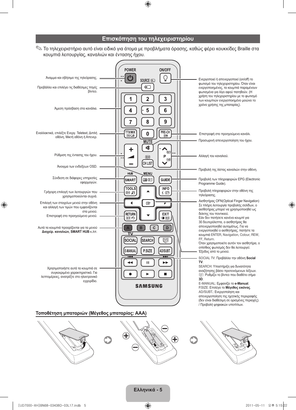 Επισκόπηση του τηλεχειριστηρίου | Samsung UE46D7000LS User Manual | Page 67 / 344