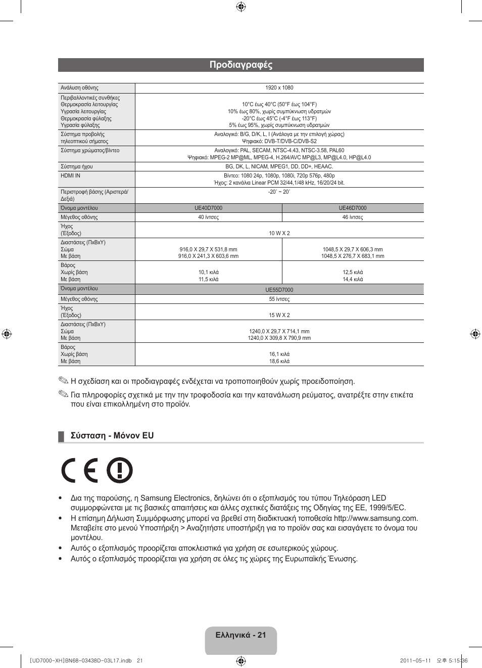 Προδιαγραφές, Σύσταση - μόνον eu | Samsung UE46D7000LS User Manual | Page 83 / 344