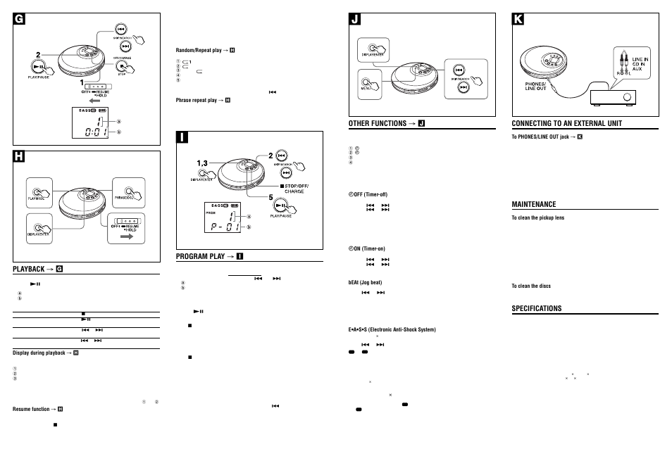 Gh k j, Program play → i, Playback → g | Connecting to an external unit, Maintenance, Specifications, Other functions → j | Aiwa XP-V710C User Manual | Page 2 / 2