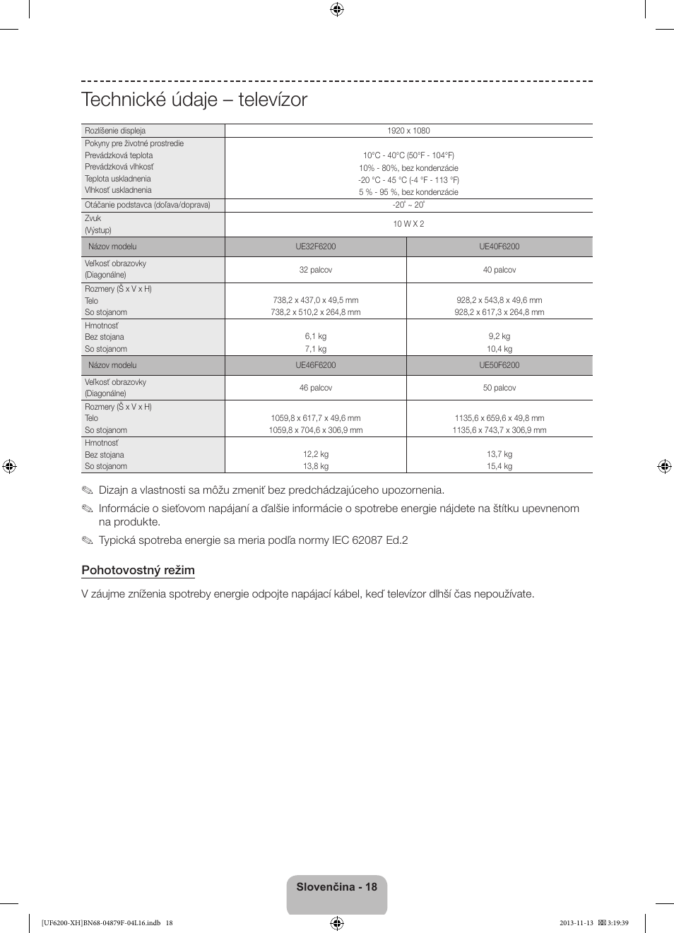 Technické údaje – televízor, Pohotovostný režim | Samsung UE32F6200AW User Manual | Page 144 / 289