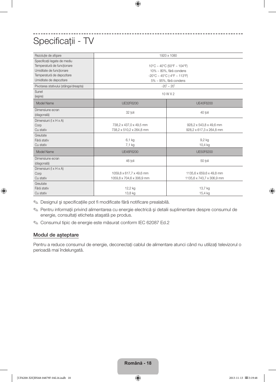 Specificaţii - tv, Modul de aşteptare | Samsung UE32F6200AW User Manual | Page 162 / 289