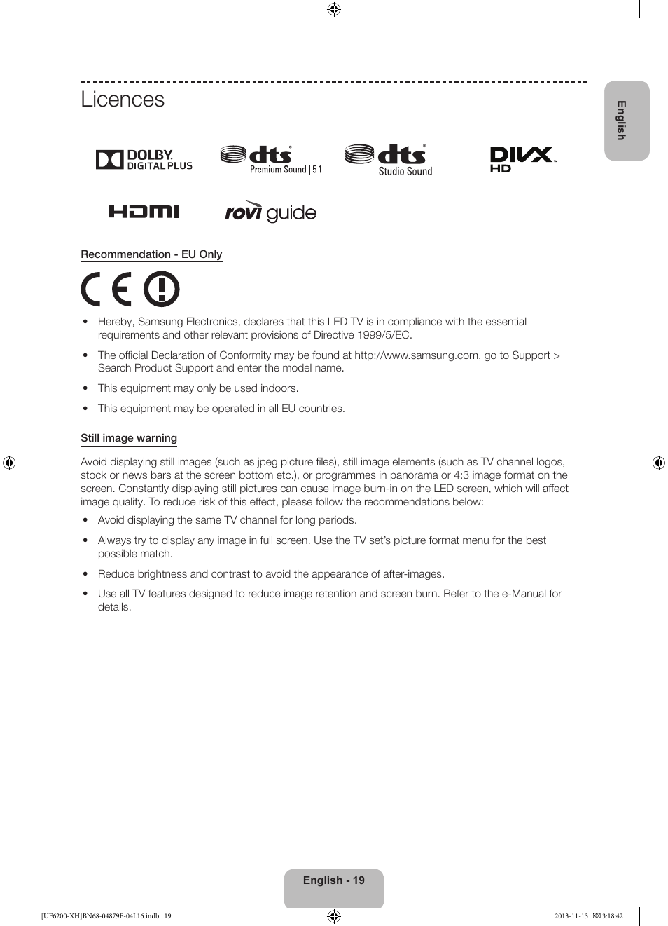 Licences | Samsung UE32F6200AW User Manual | Page 19 / 289