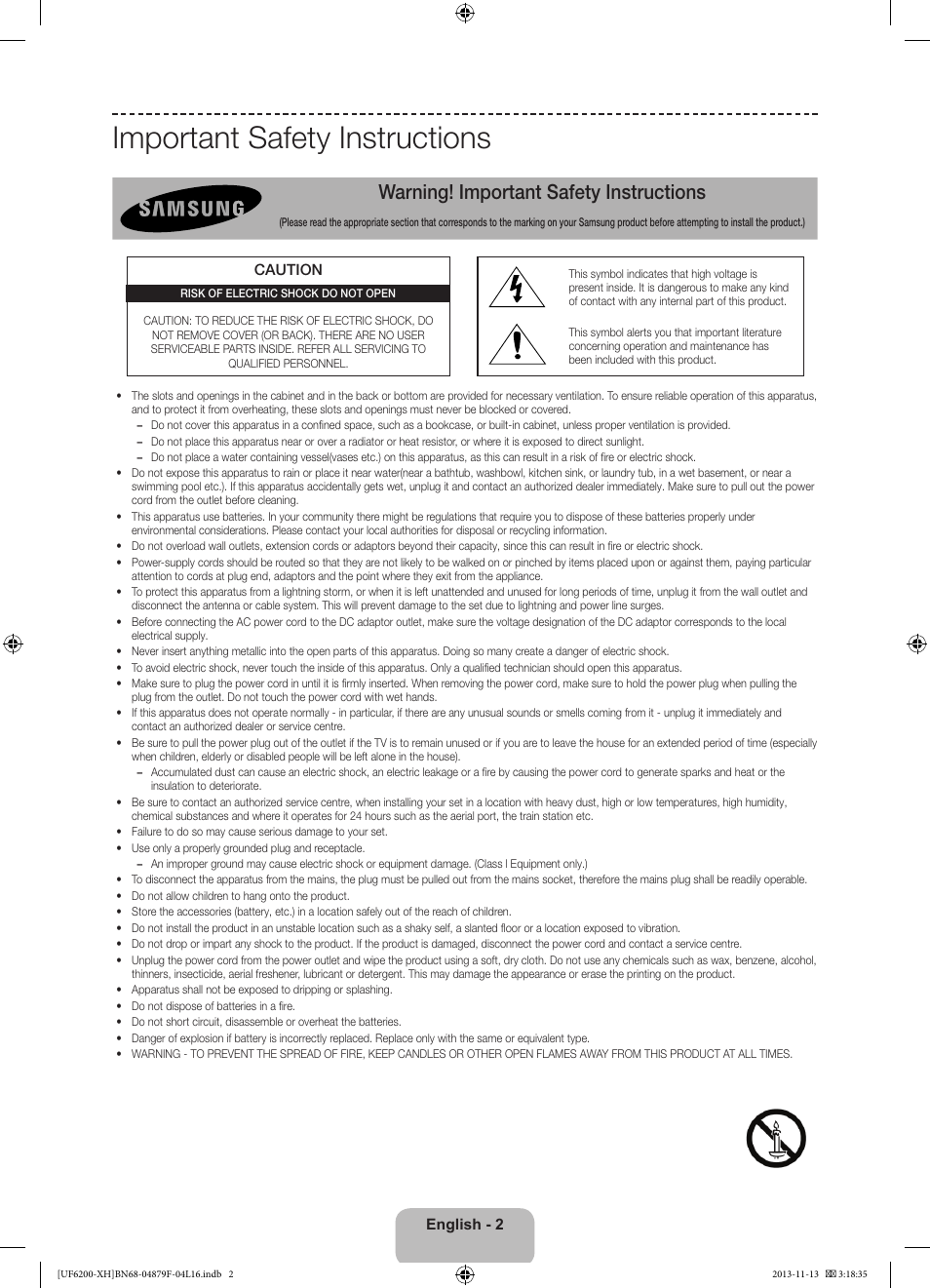 Important safety instructions, Warning! important safety instructions | Samsung UE32F6200AW User Manual | Page 2 / 289