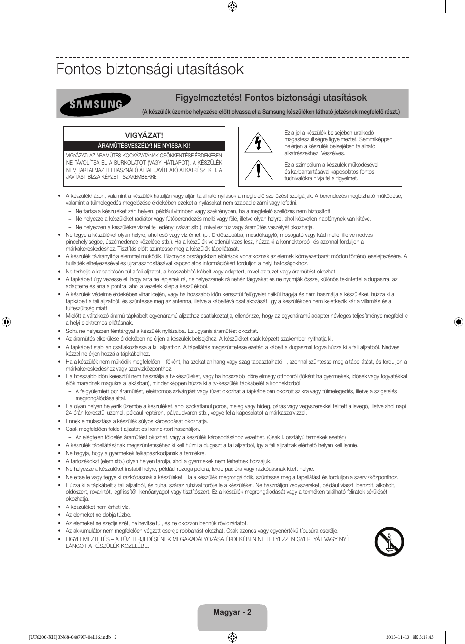 Fontos biztonsági utasítások, Figyelmeztetés! fontos biztonsági utasítások | Samsung UE32F6200AW User Manual | Page 20 / 289