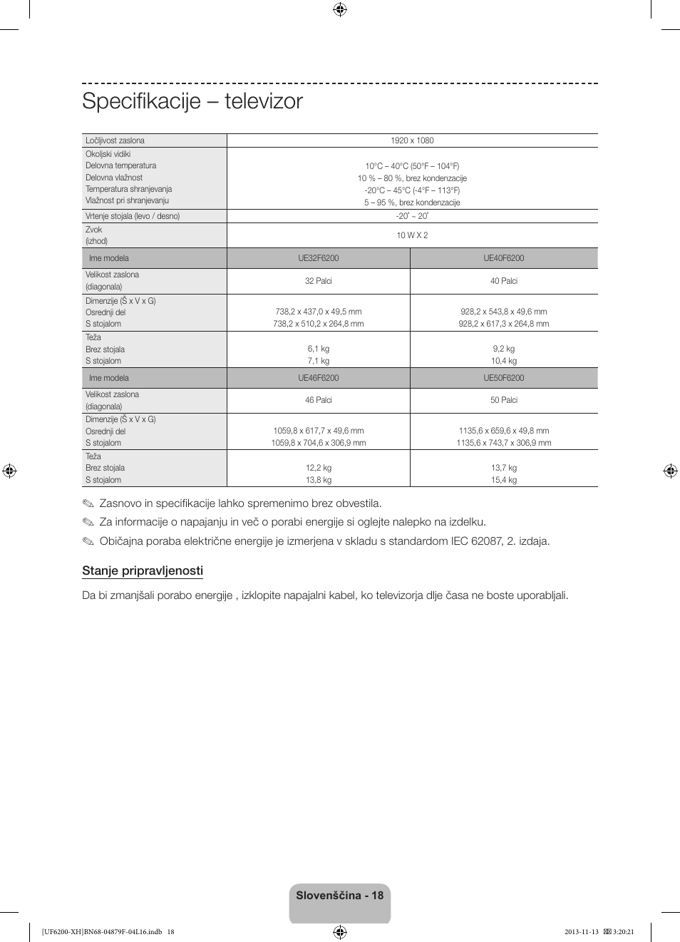 Specifikacije – televizor, Stanje pripravljenosti | Samsung UE32F6200AW User Manual | Page 234 / 289