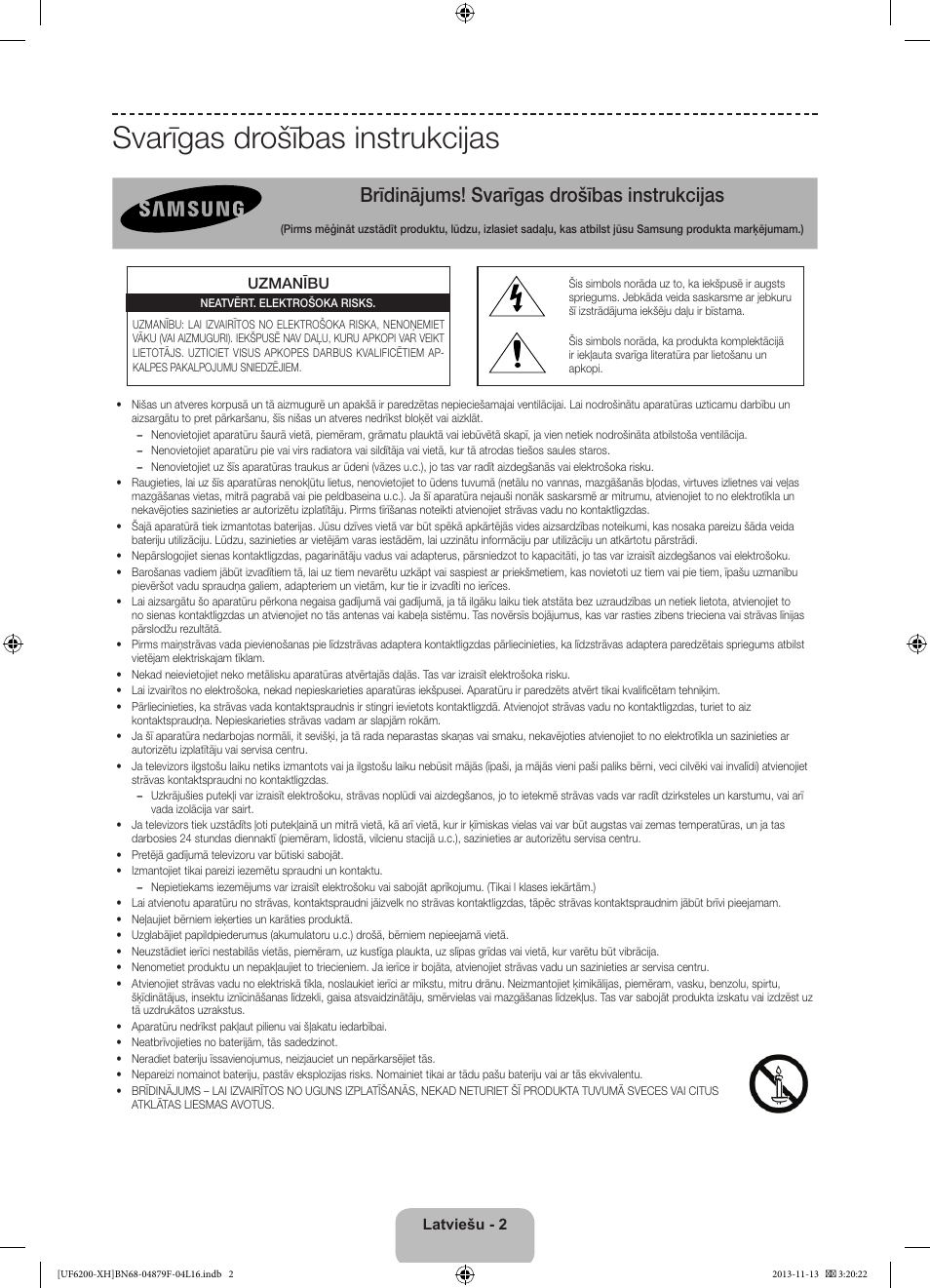 Svarīgas drošības instrukcijas, Brīdinājums! svarīgas drošības instrukcijas | Samsung UE32F6200AW User Manual | Page 236 / 289