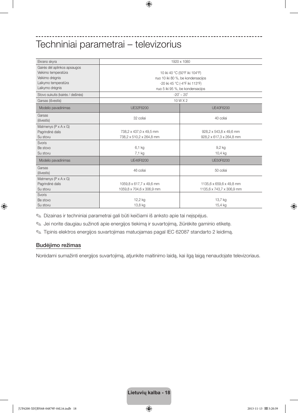 Techniniai parametrai – televizorius, Budėjimo režimas | Samsung UE32F6200AW User Manual | Page 270 / 289