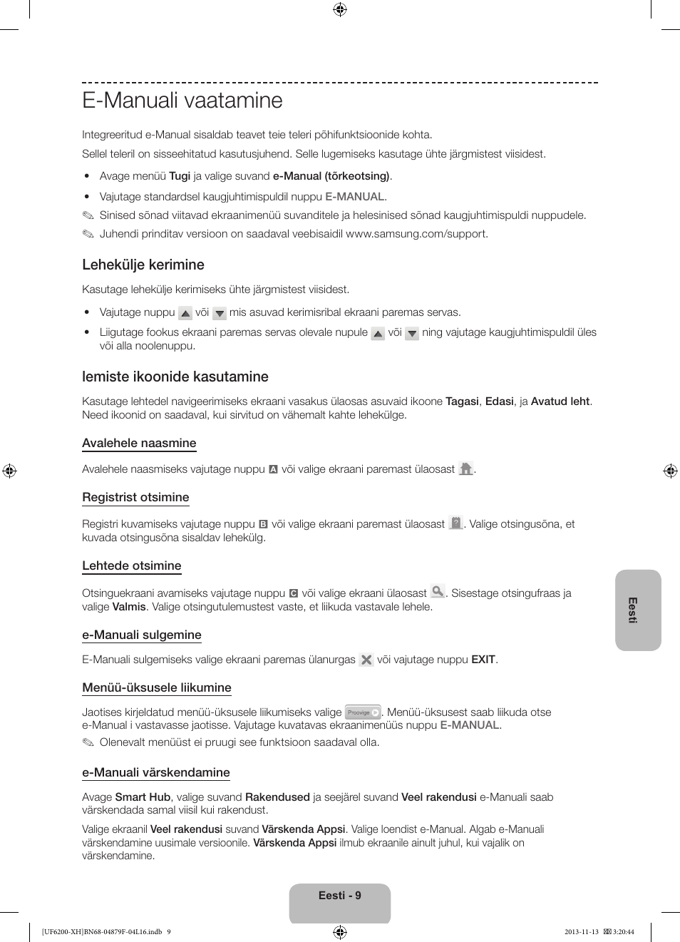 E-manuali vaatamine, Lehekülje kerimine, Lemiste ikoonide kasutamine | Samsung UE32F6200AW User Manual | Page 279 / 289