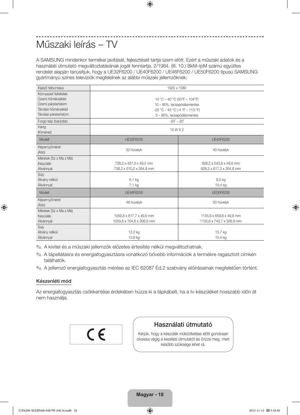 Műszaki leírás – tv, Használati útmutató | Samsung UE32F6200AW User Manual | Page 36 / 289