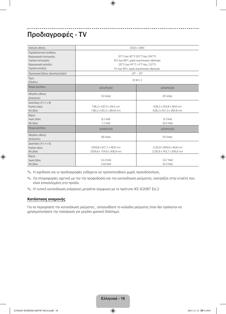 Προδιαγραφές - tv, Κατάσταση αναμονής | Samsung UE32F6200AW User Manual | Page 72 / 289