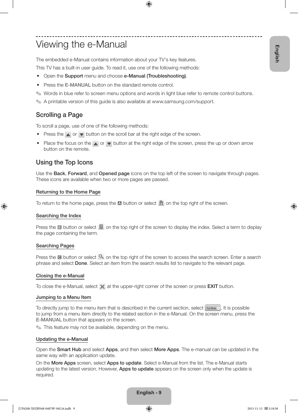 Viewing the e-manual, Scrolling a page, Using the top icons | Samsung UE32F6200AW User Manual | Page 9 / 289