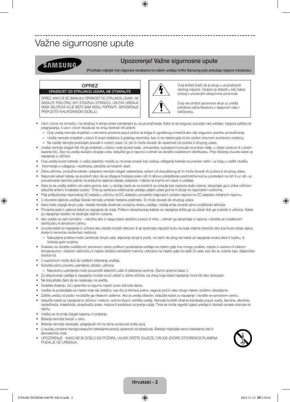 Važne sigurnosne upute, Upozorenje! važne sigurnosne upute | Samsung UE32F6200AW User Manual | Page 92 / 289