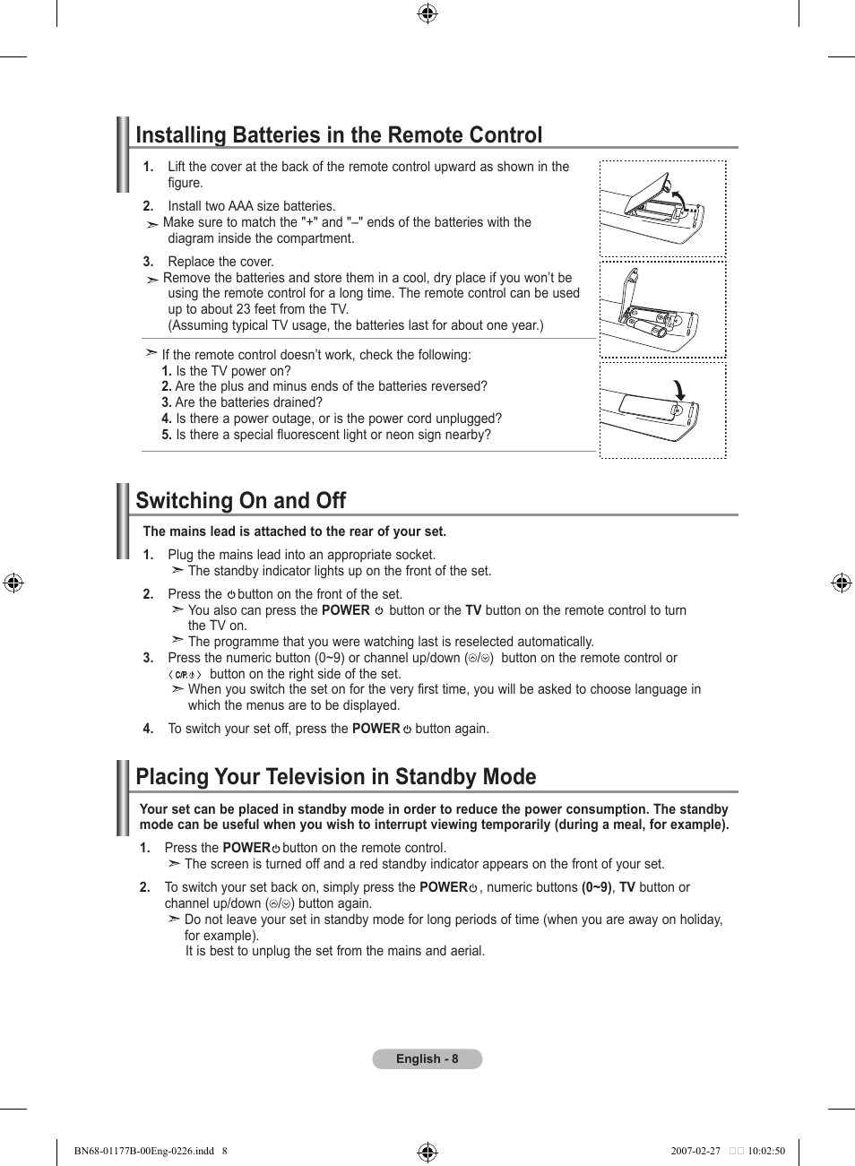 Installing batteries in the remote control, Switching on and off, Placing your television in standby mode | Samsung LE32R81B User Manual | Page 10 / 482