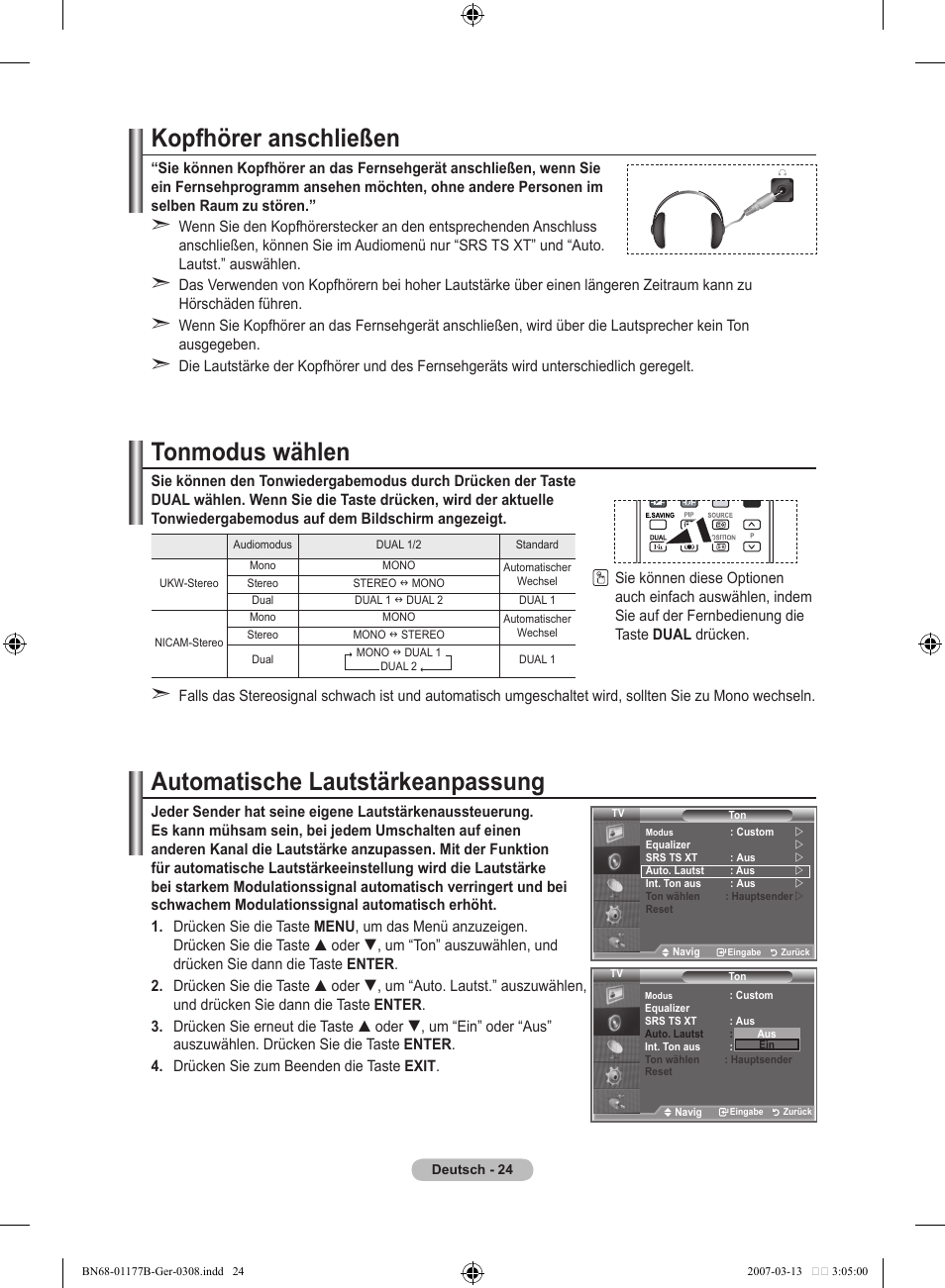 Kopfhörer anschließen, Tonmodus wählen, Automatische lautstärkeanpassung | Samsung LE32R81B User Manual | Page 106 / 482