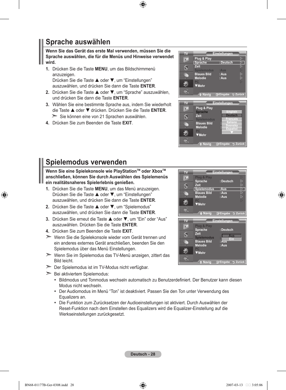 Sprache auswählen, Spielemodus verwenden | Samsung LE32R81B User Manual | Page 110 / 482