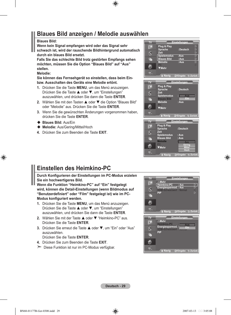 Blaues bild anzeigen / melodie auswählen, Einstellen des heimkino-pc | Samsung LE32R81B User Manual | Page 111 / 482