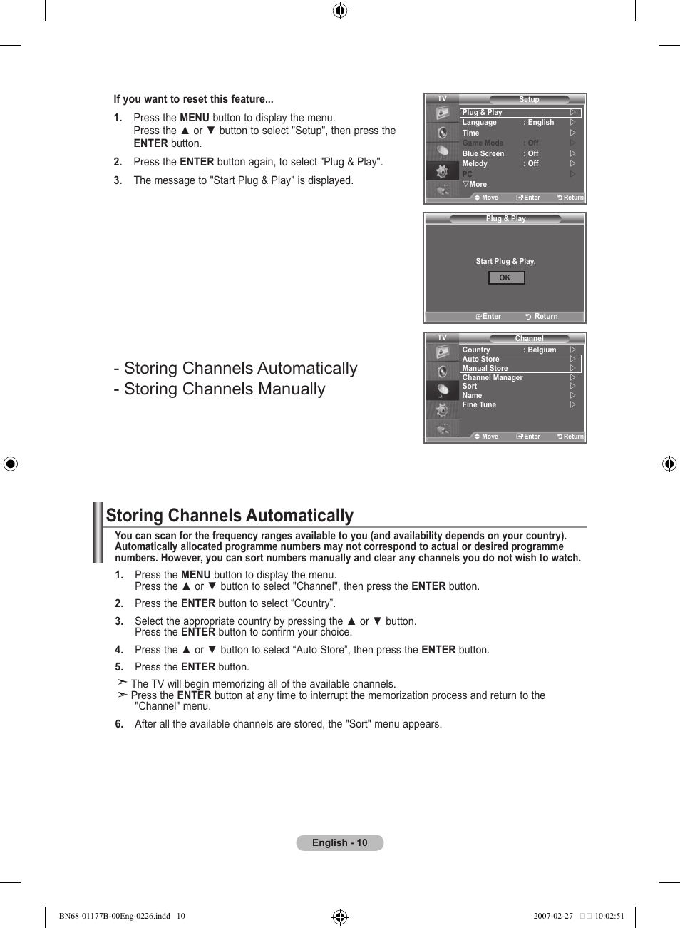 Setting the channels, Storing channels automatically | Samsung LE32R81B User Manual | Page 12 / 482