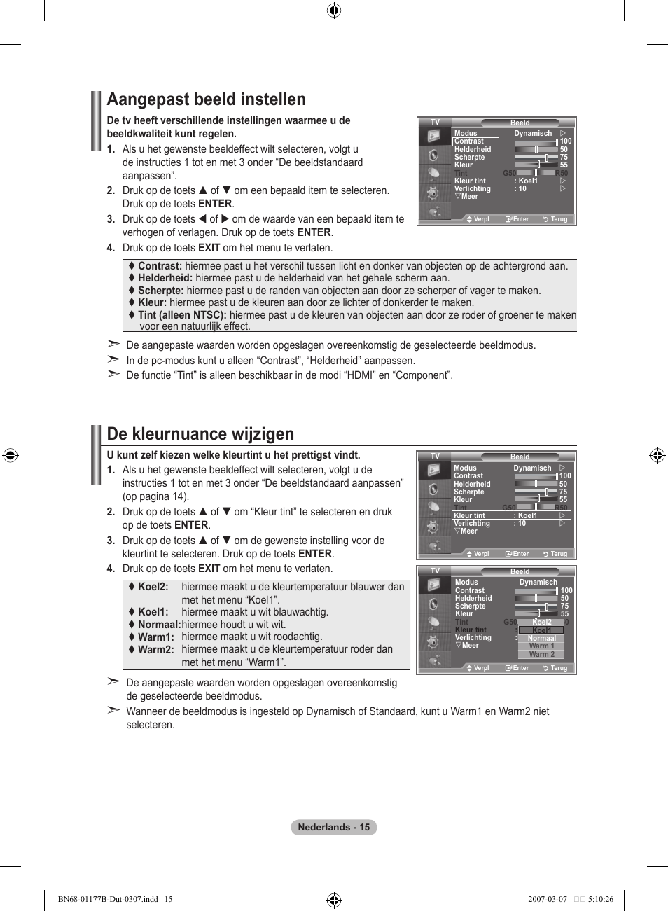 Aangepast beeld instellen, De kleurnuance wijzigen | Samsung LE32R81B User Manual | Page 136 / 482