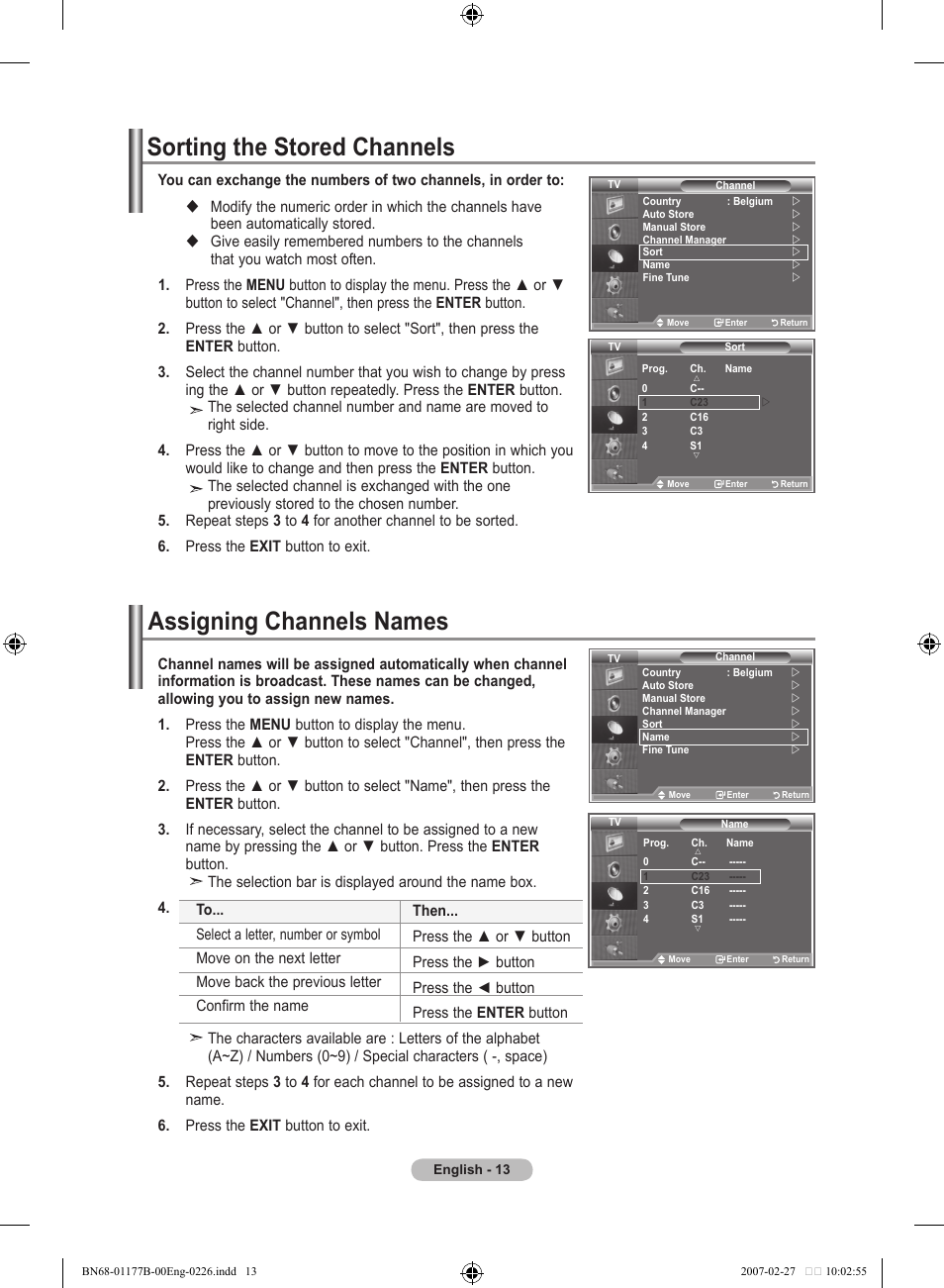 Sorting the stored channels, Assigning channels names | Samsung LE32R81B User Manual | Page 15 / 482